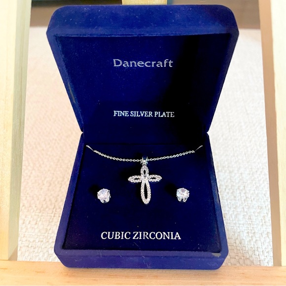 Jewelry - NWT Cubic zirconia five silver plate, cross necklace and stud earrings